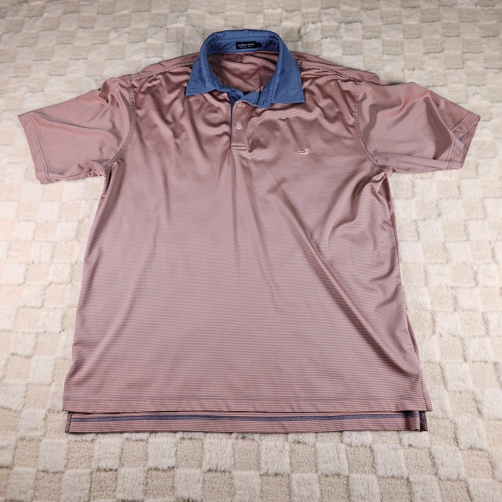 Southern Marsh Mens Striped Performance Polo Shirt Blue Orange Large